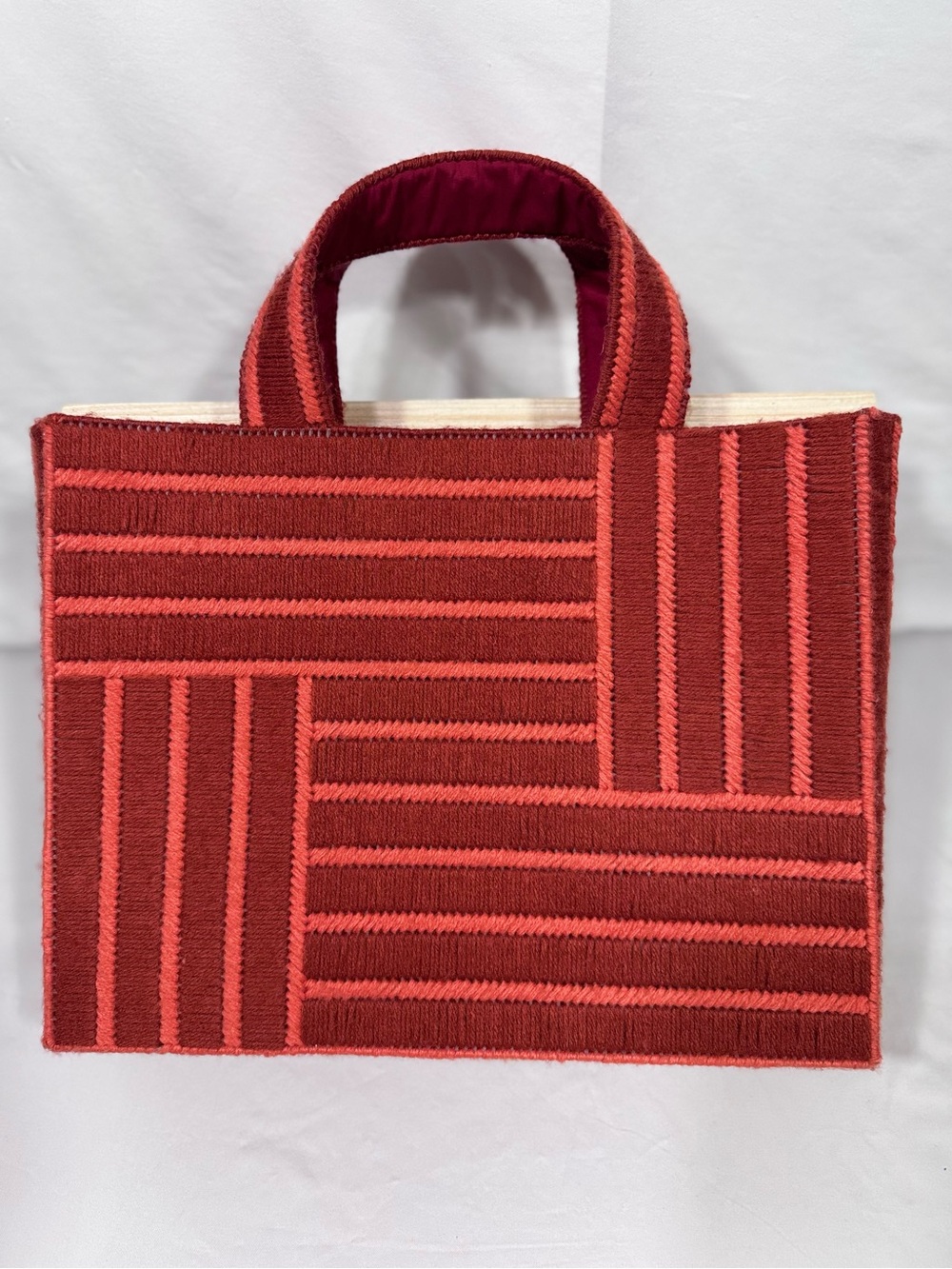 Handmade Embroidered Thread Tote Bag — Rust & Burgundy